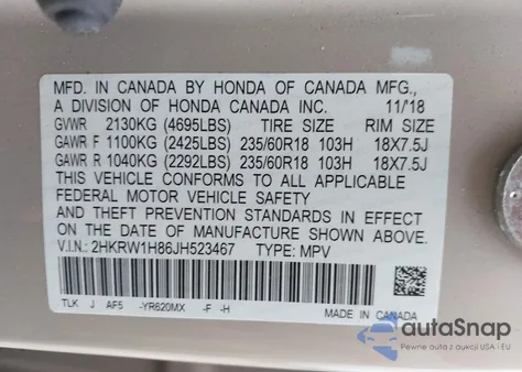 2018 Honda Cr-V Ex-L/Ex-L Navi z USA, uszkodzony, nr VIN 2HKRW1H86JH523467